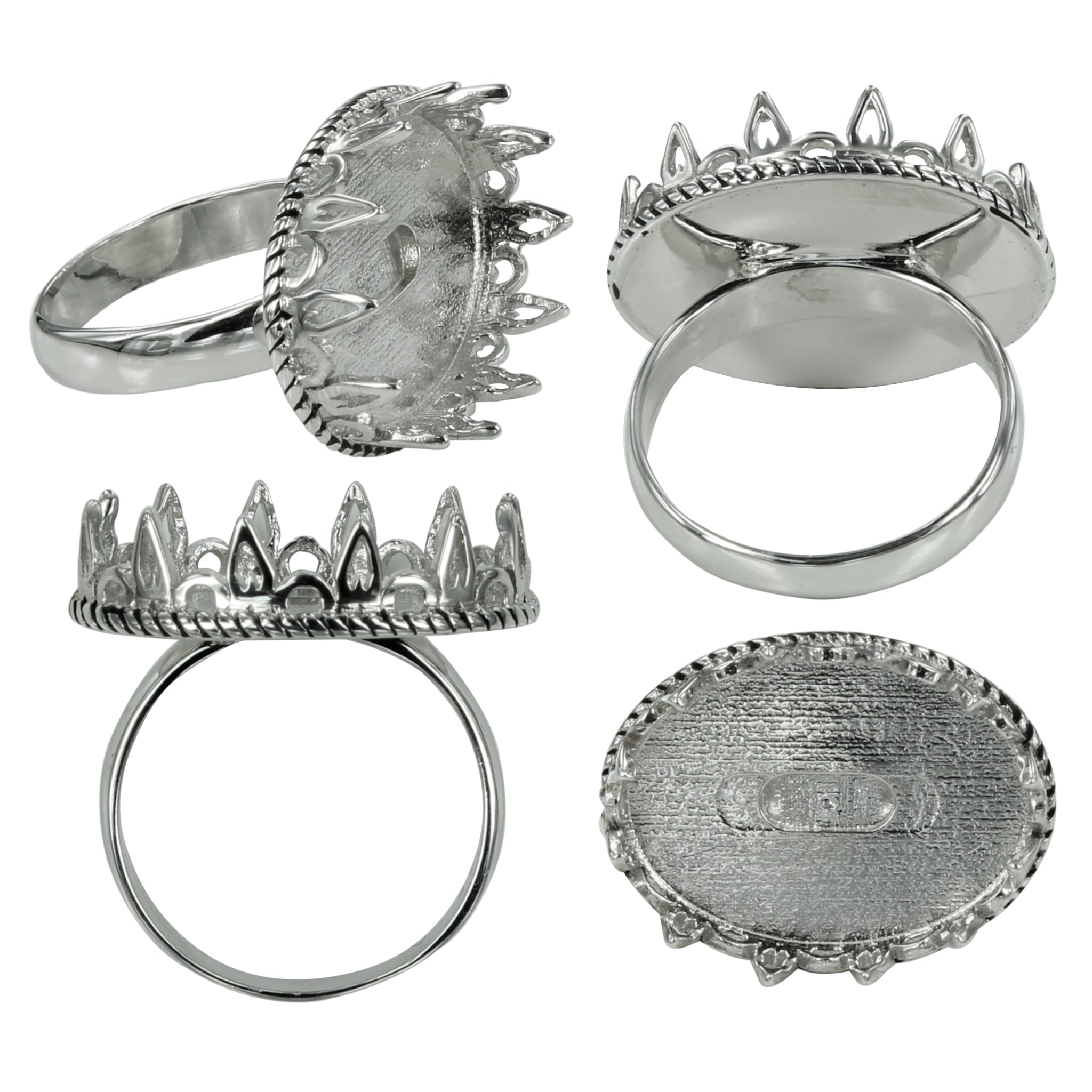 Crown Bezel Platform Ring in Sterling Silver for 13x18mm Oval Cabochons