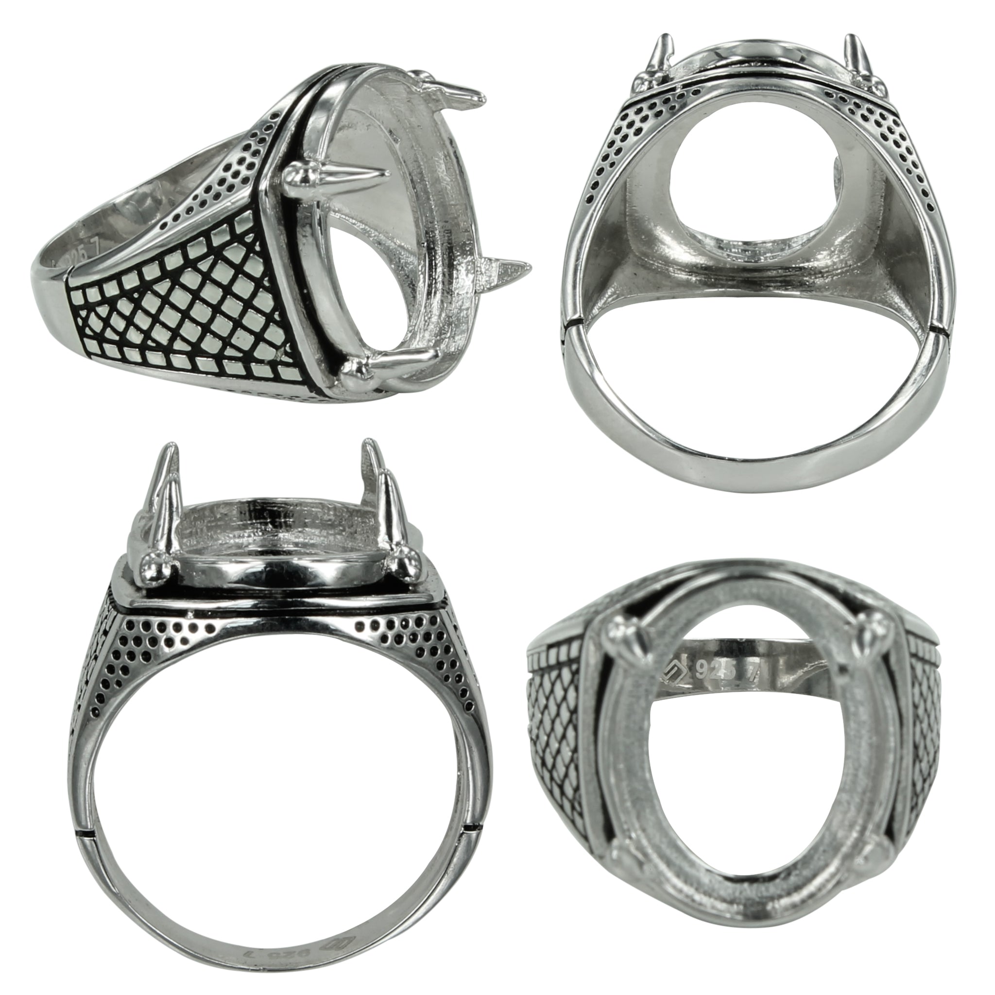 Wide Shoulder Crosshatch Ring in Sterling Silver for 12x16mm Cabochons