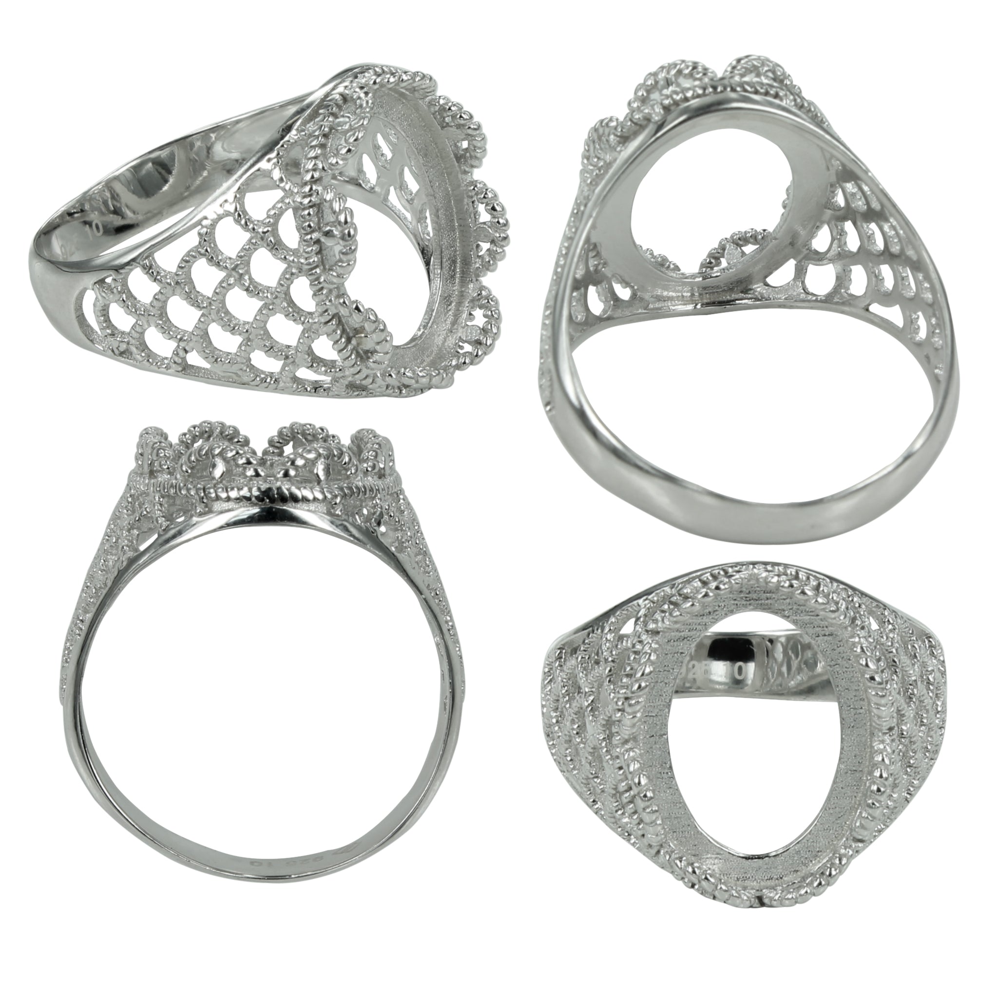 Filigree Shoulder Ring in Sterling Silver for 12x16mm Oval Cabochons
