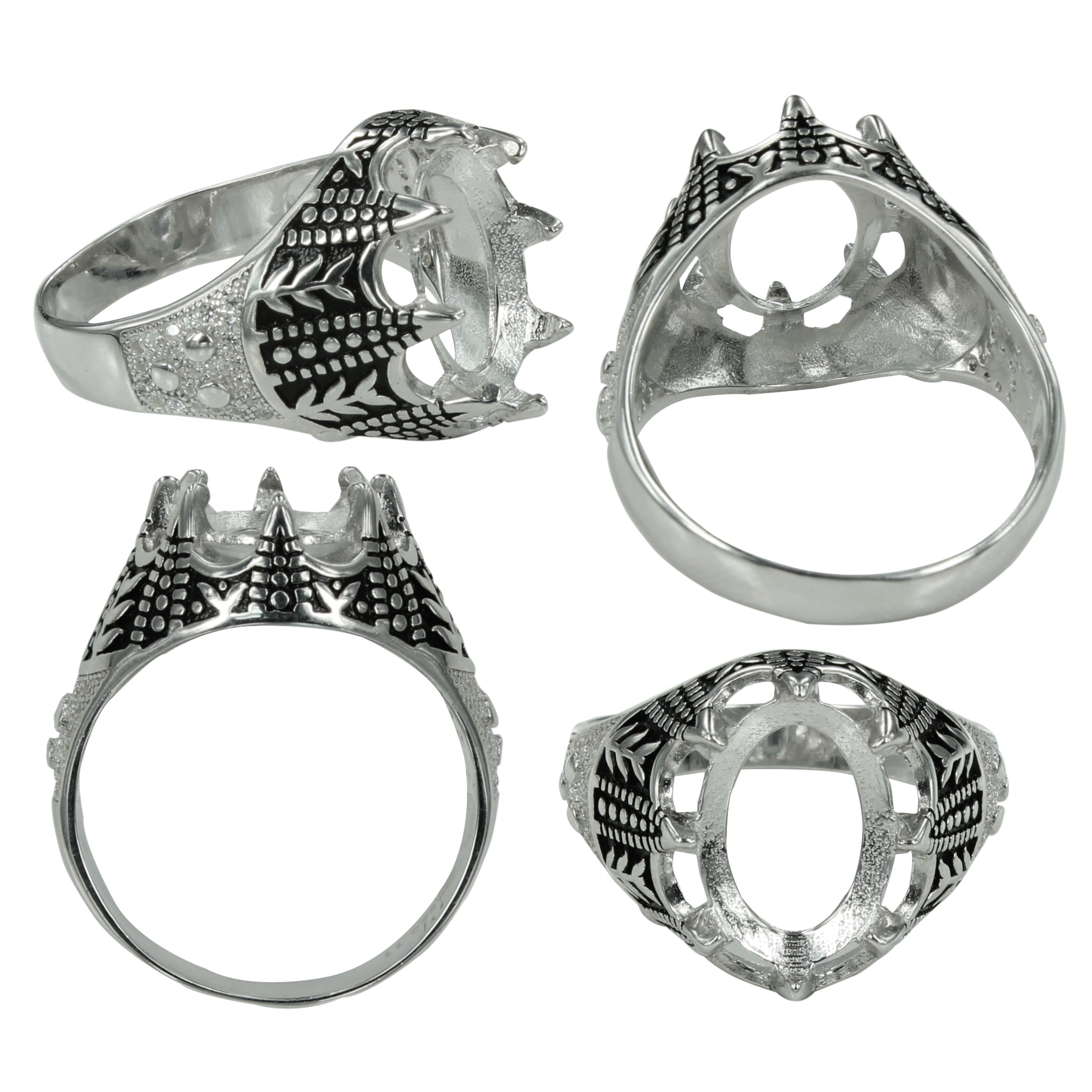 Decorated Shoulders Ring in Sterling Silver for 10x14mm Oval Stones