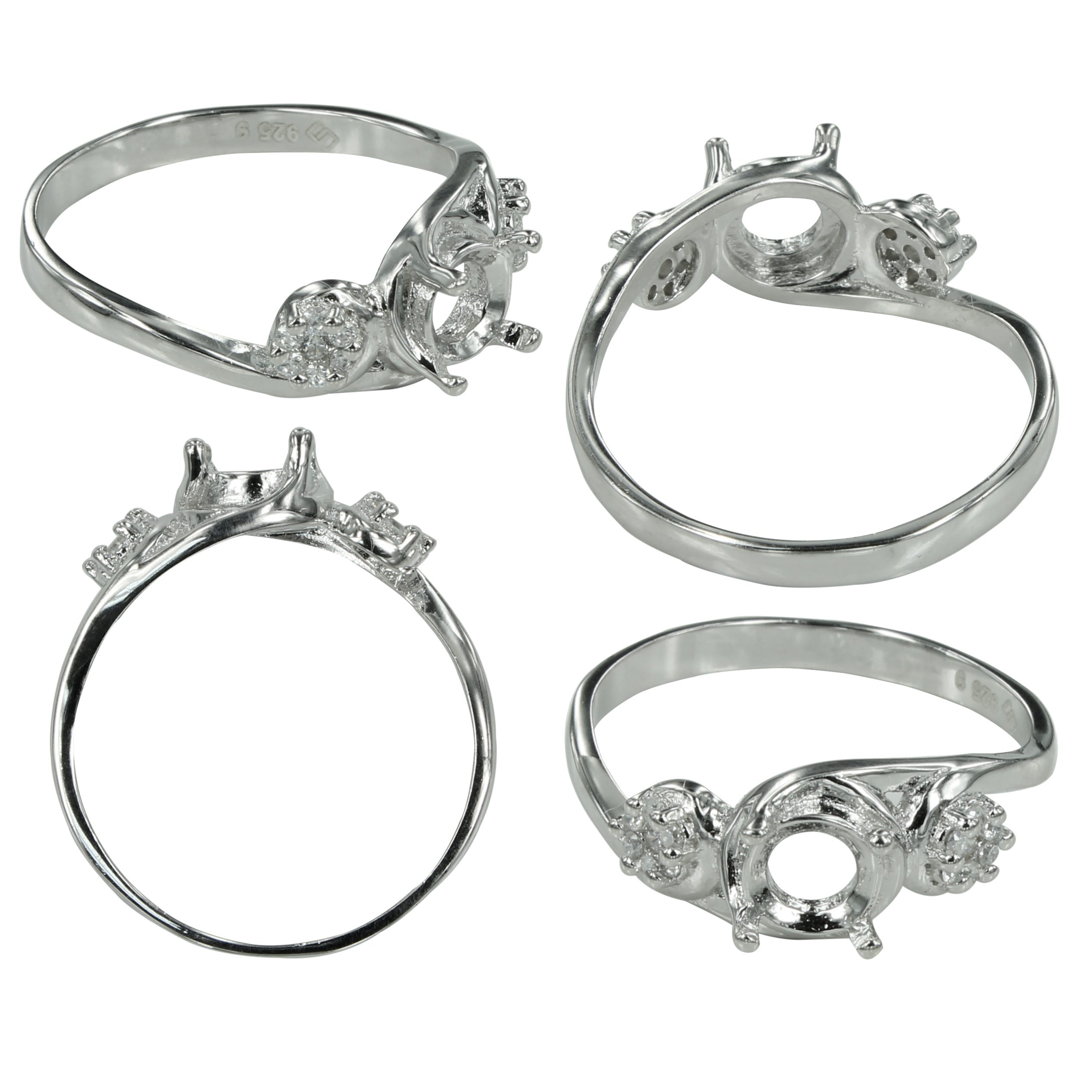 Crossover CZ Flower Ring in Sterling Silver for 6mm Round Stones
