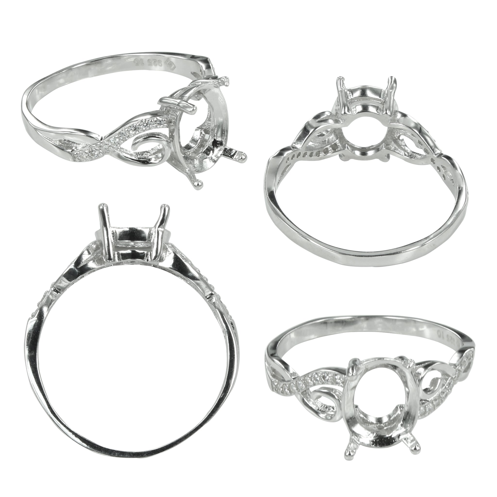 Swirl Helix CZ Ring in Sterling Silver for 8x10mm Oval Stones