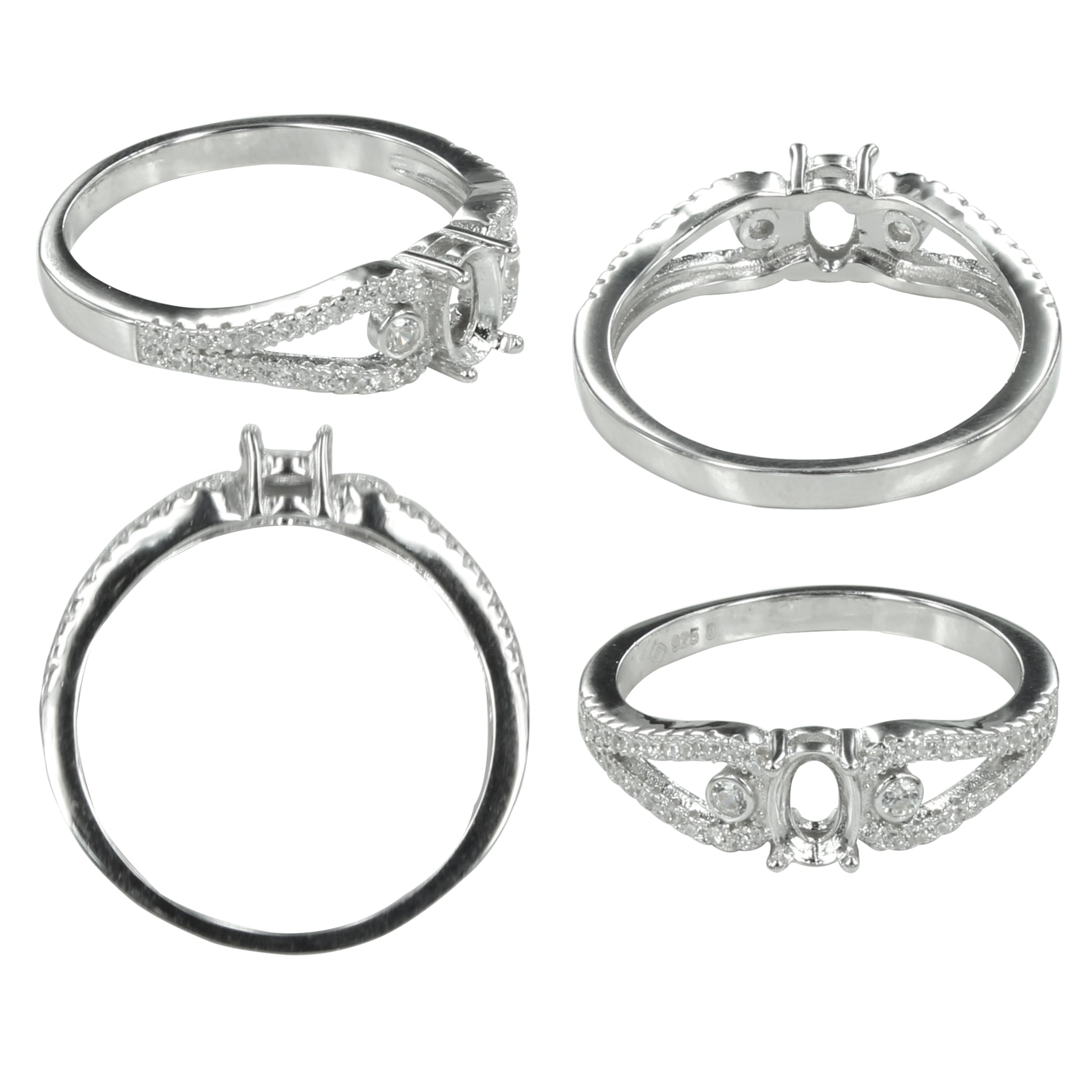 Teardrop Split Shank CZ Ring in Sterling Silver for 4x6mm Oval Stones