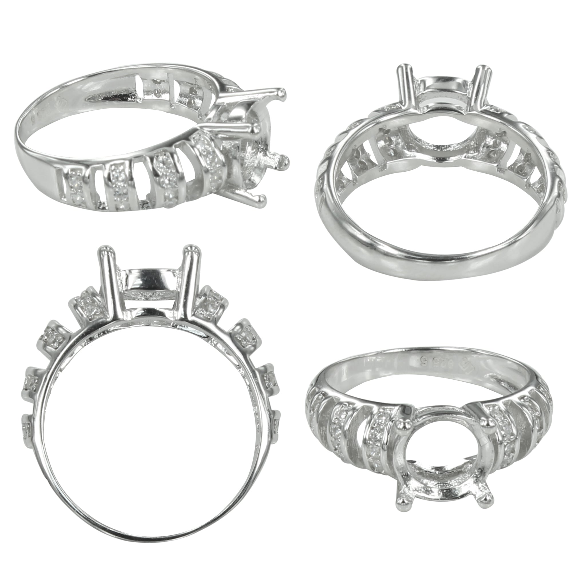 CZ Bands Shoulder Ring in Sterling Silver for 8mm Round Stones