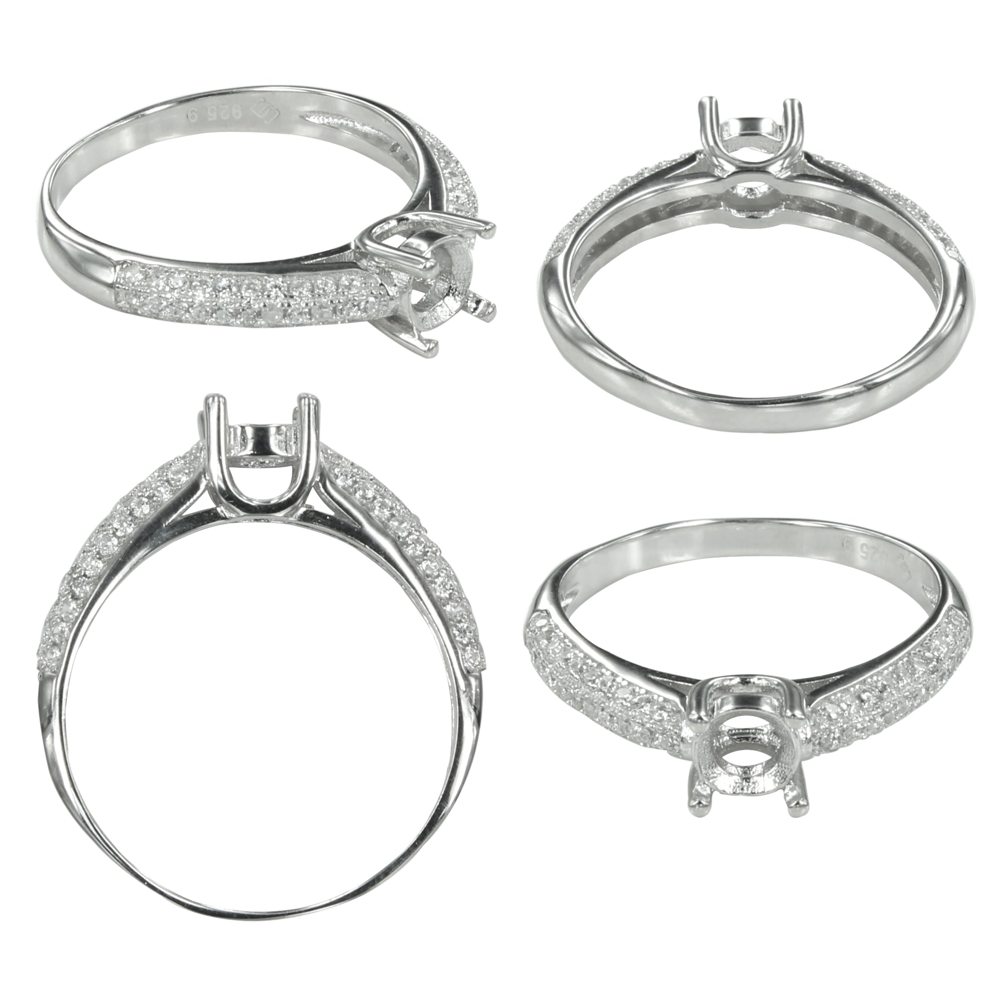 Pavé Shoulder Ring in Sterling Silver for 6mm Round Stones