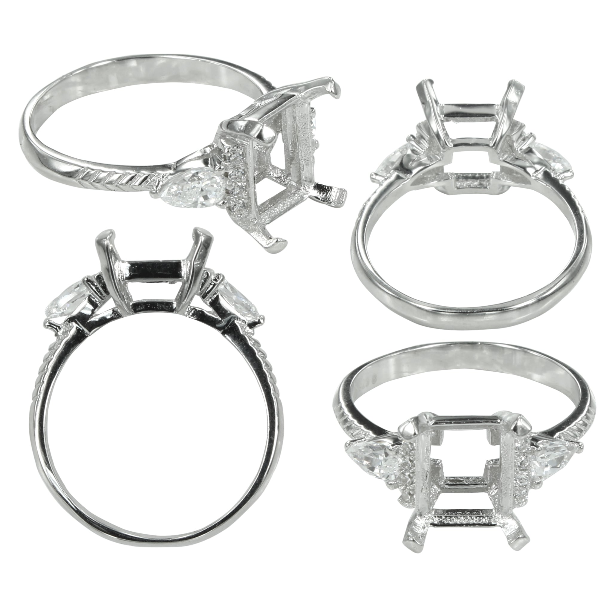 Pear CZ Accent Ring in Sterling Silver for 7x9mm Rectangular Stones