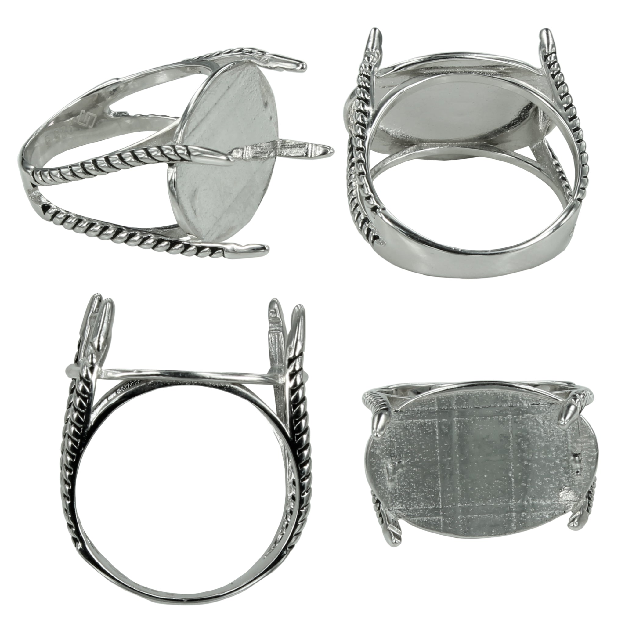 Twisty-Rope Split Shank Platform Ring in sterling silver for 12x18mm cabochons