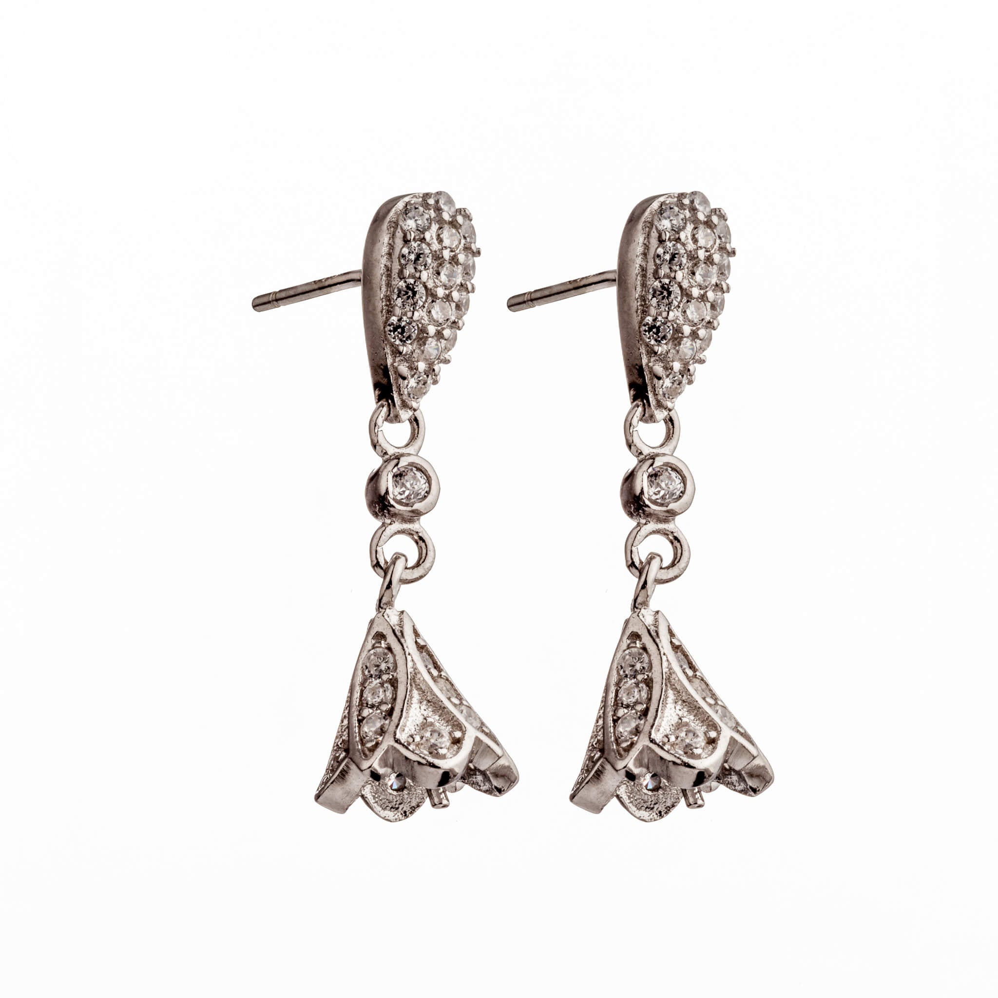 Pear Shape Ear Studs with Cubic Zirconia Inlays and Dangling Cup and Peg in Sterling Silver 6mm