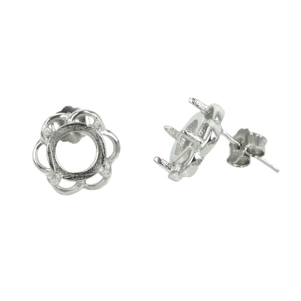 Flower Ear Studs with Round Prong Setting in Sterling Silver 8mm