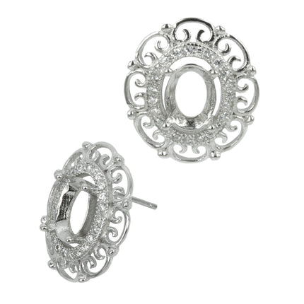 Filigree & CZ Border Stud Earring with Oval Prong Mounting in Sterling Silver for 6x8mm Stones