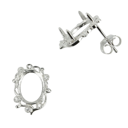 Floral Border w/CZ's Stud Earrings with Oval Prong Mounting in Sterling Silver for 7x9mm Stones