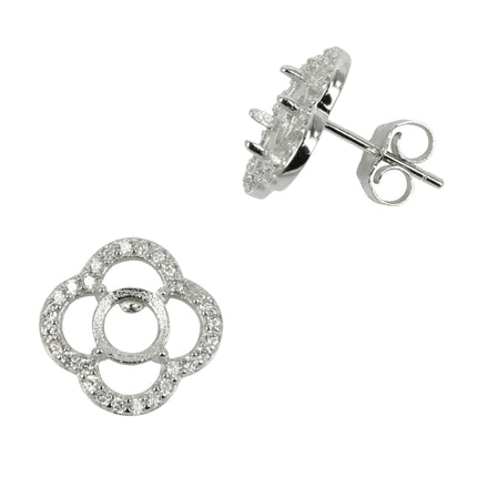 Hexagon w/CZ's Stud Earring with Oval Prong Mounting in Sterling Silver for 5x7mm Stones