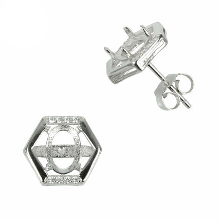 Hexagon w/CZ's Stud Earrings with Oval Prong Mounting in Sterling Silver for 5x7mm Stones
