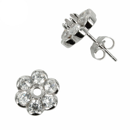 Flower CZ Halo Stud Earrings with Round Prong Mounting in Sterling Silver for 3mm Stones