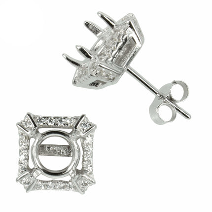Square Stud Earrings with CZ's & Round Prong Mounting in Sterling Silver for 6mm Stones