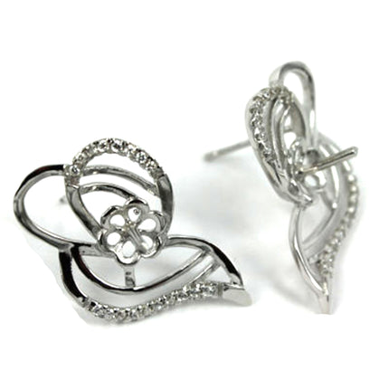 Ear Studs with Cubic Zirconia Inlays Leaf Shape and Cup and Peg Mounting in Sterling Silver