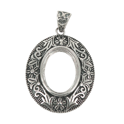 Oval Pendant with Wide Floral Frame and Soldered Loop and Bail in Sterling Silver 12x16mm
