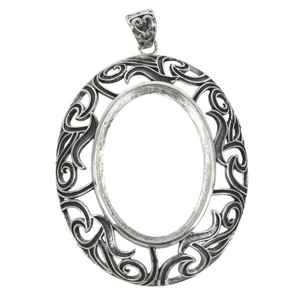 Oval Pendant With Wide Open Flourish Border and Soldered Loop and Bail in Sterling Silver 18x25mm