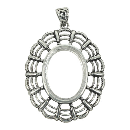 Oval Pendant With Segmented Arcs Border and Soldered Loop and Bail in Sterling Silver 14x20mm