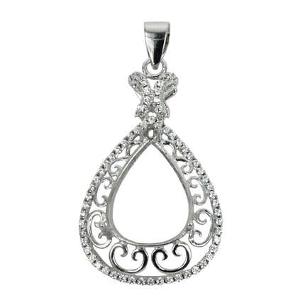 Pear Shaped Pendant With Cubic Zirconia Embellished Frame with Soldered Loop and Bail in Sterling Silver 11x14mm