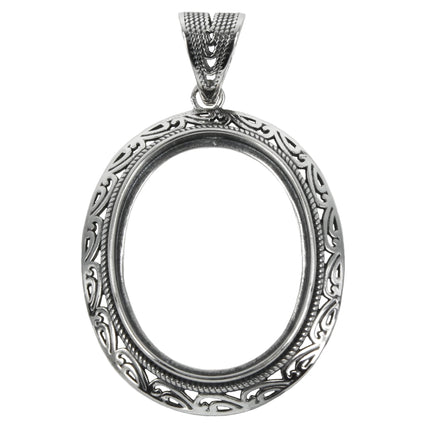Oval Pendant With Open Rococo Border and Soldered Loop and Bail in Sterling Silver 23x29mm