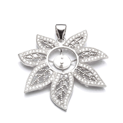 Leaf Pendant with Cubic Zirconia Inlays and Cup and Peg Mounting and Bail in Sterling Silver 7mm