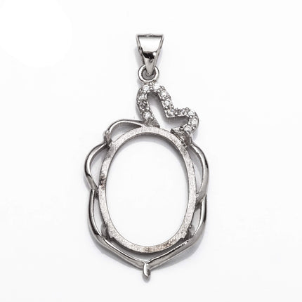 Pendant with Cubic Zirconia Inlays and Oval Mounting and Bail in Sterling Silver 12x18mm