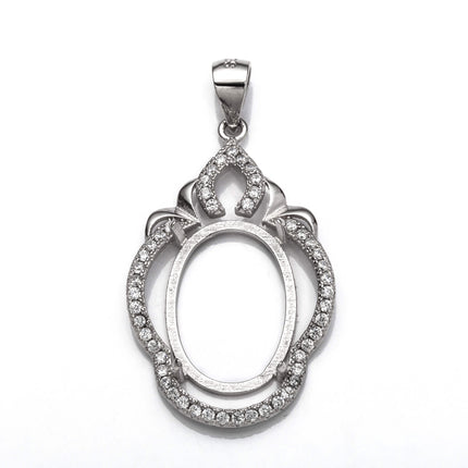 Pendant with Cubic Zirconia Inlays and Oval Mounting and Bail in Sterling Silver 12x18mm