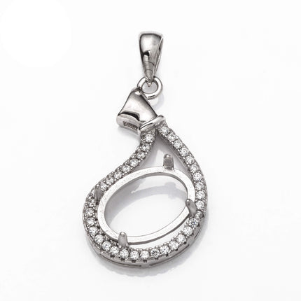 Oval Pendant with Cubic Zirconia Inlays and Oval Mounting and Bail in Sterling Silver 8x12mm