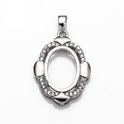 Oval Pendant with Cubic Zirconia Inlays and Oval Mounting and Bail in Sterling Silver 111x15mm