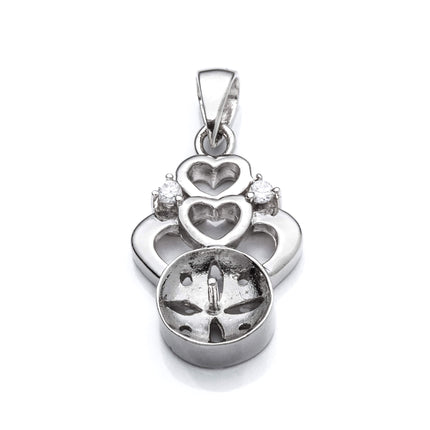 Hearts Pendant with Cubic Zirconia Inlays and Cup and Peg Mounting and Bail in Sterling Silver 6mm