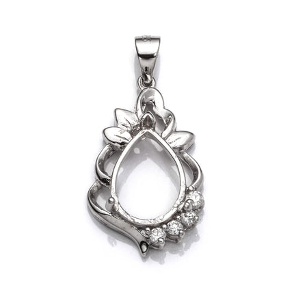 Pendant with Cubic Zirconia Inlays and Pear Shape Mounting and Bail in Sterling Silver 8x11mm