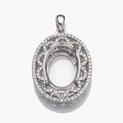Oval Pendant with Cubic Zirconia Inlays and Oval Mounting and Bail in Sterling Silver 12x17mm
