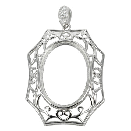 Oval Pendant with Rococo Frame, Soldered Loop and bail in Sterling Silver 20x24mm