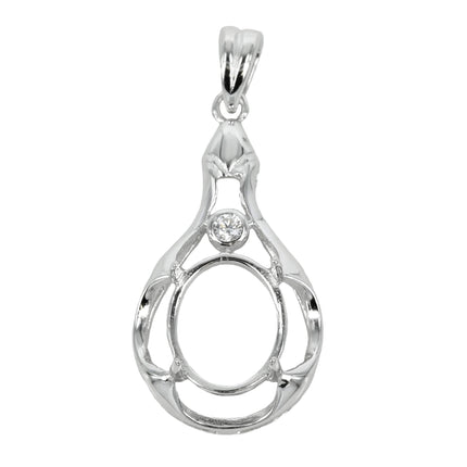 Oval Pendant Set with Pear Shape and Cubic Zirconias Frame with Soldered Loop and Bail in Sterling Silver 8x10mm