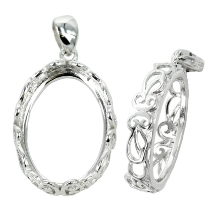Oval Rococo Bezel Pendant with Soldered Loop and Bail in Sterling Silver 13x17mm