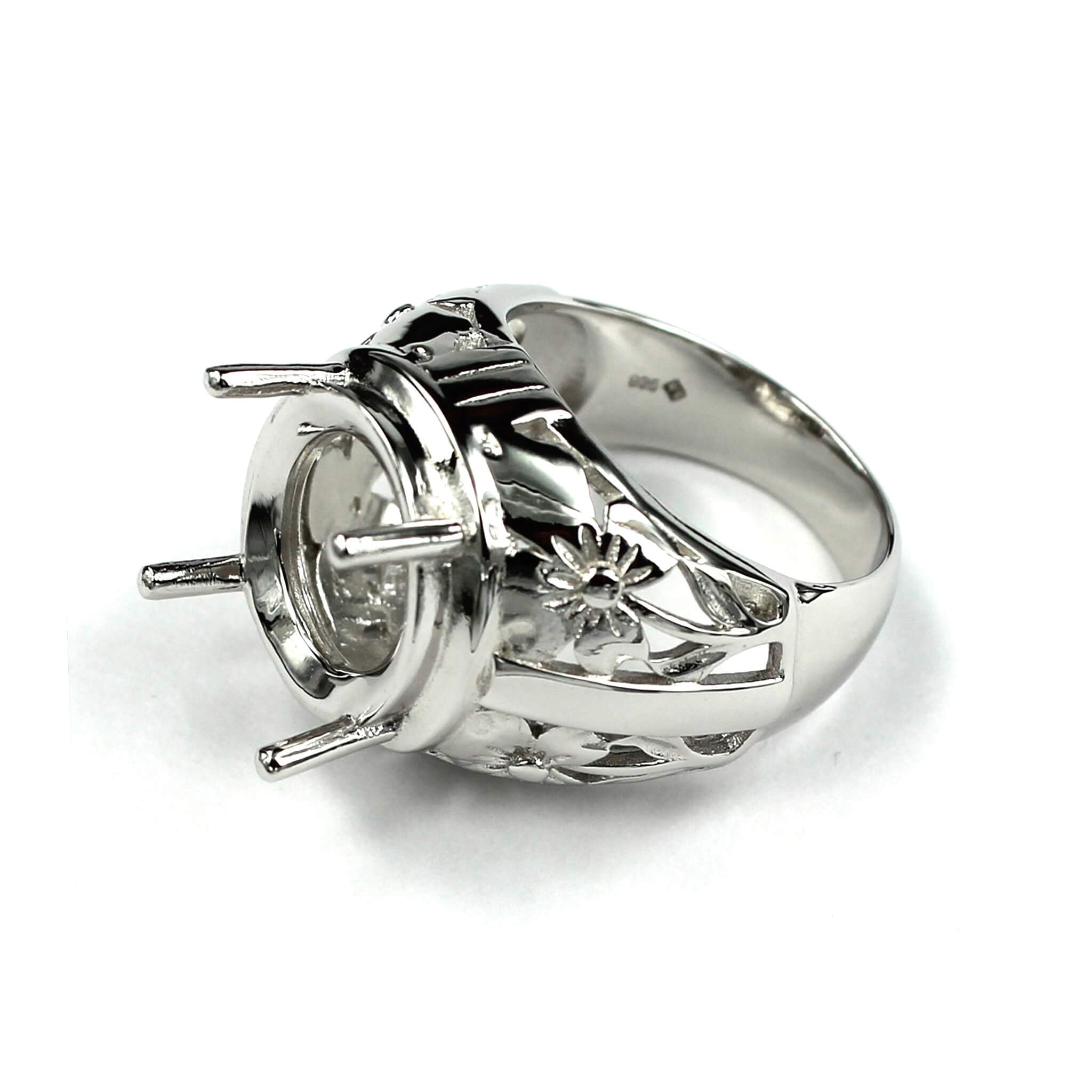 Hollow Floral Ring with Round Prongs Mounting in Sterling Silver 16mm