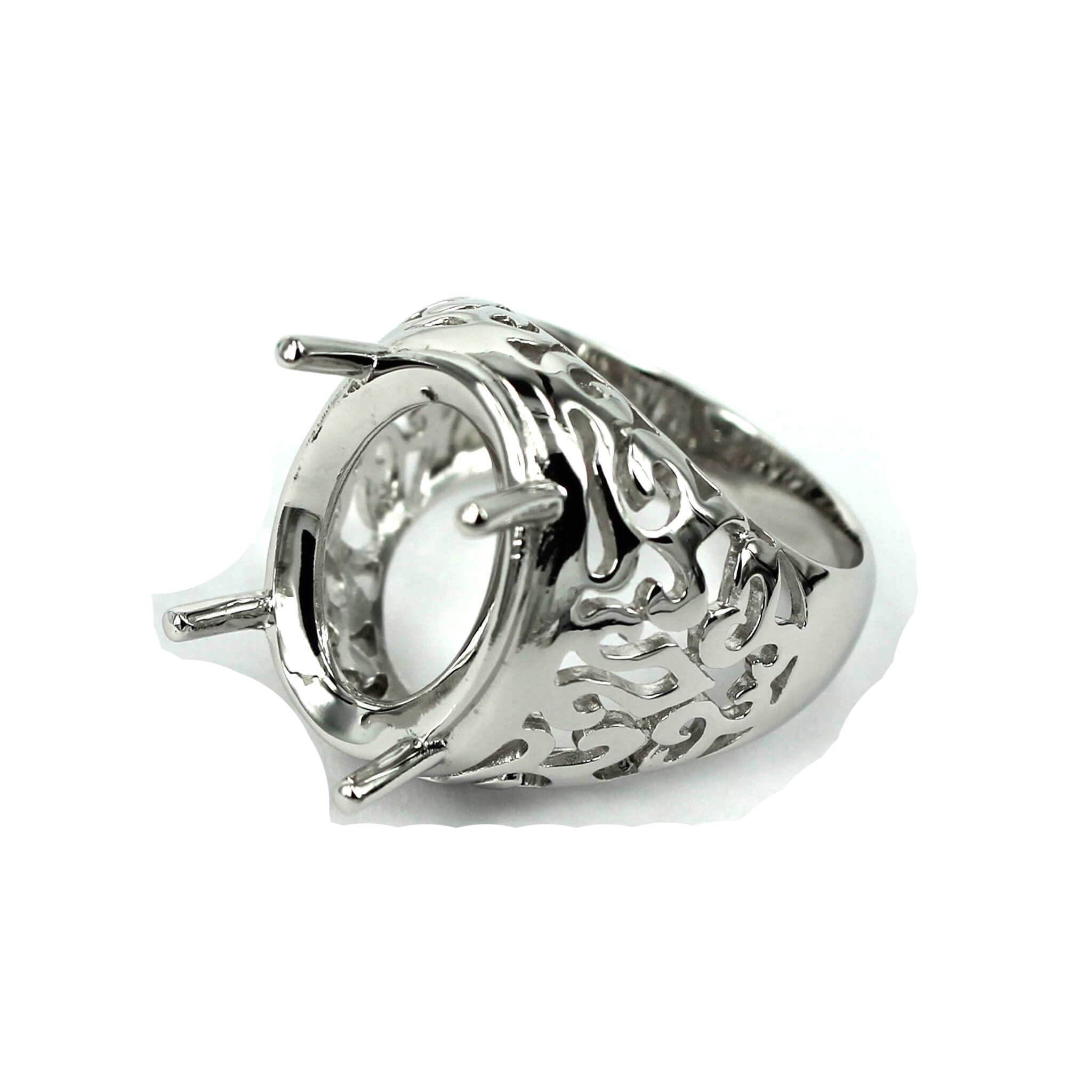 Hollow Unique Pattern Ring with Oval Prongs Mounting in Sterling Silver 14x20mm
