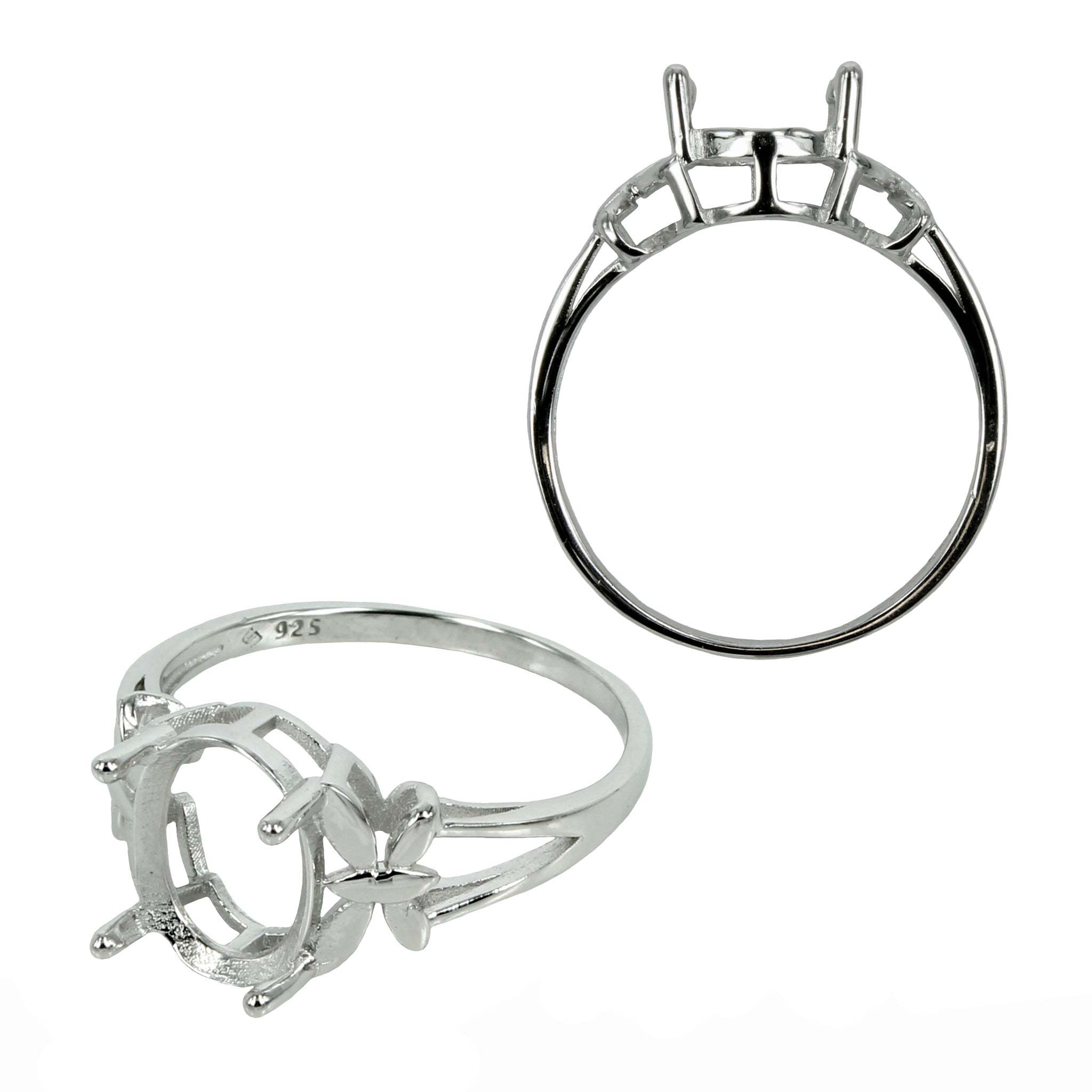 Floral Decorated Split Shank Ring in Sterling Silver for 8x9mm Oval Stones