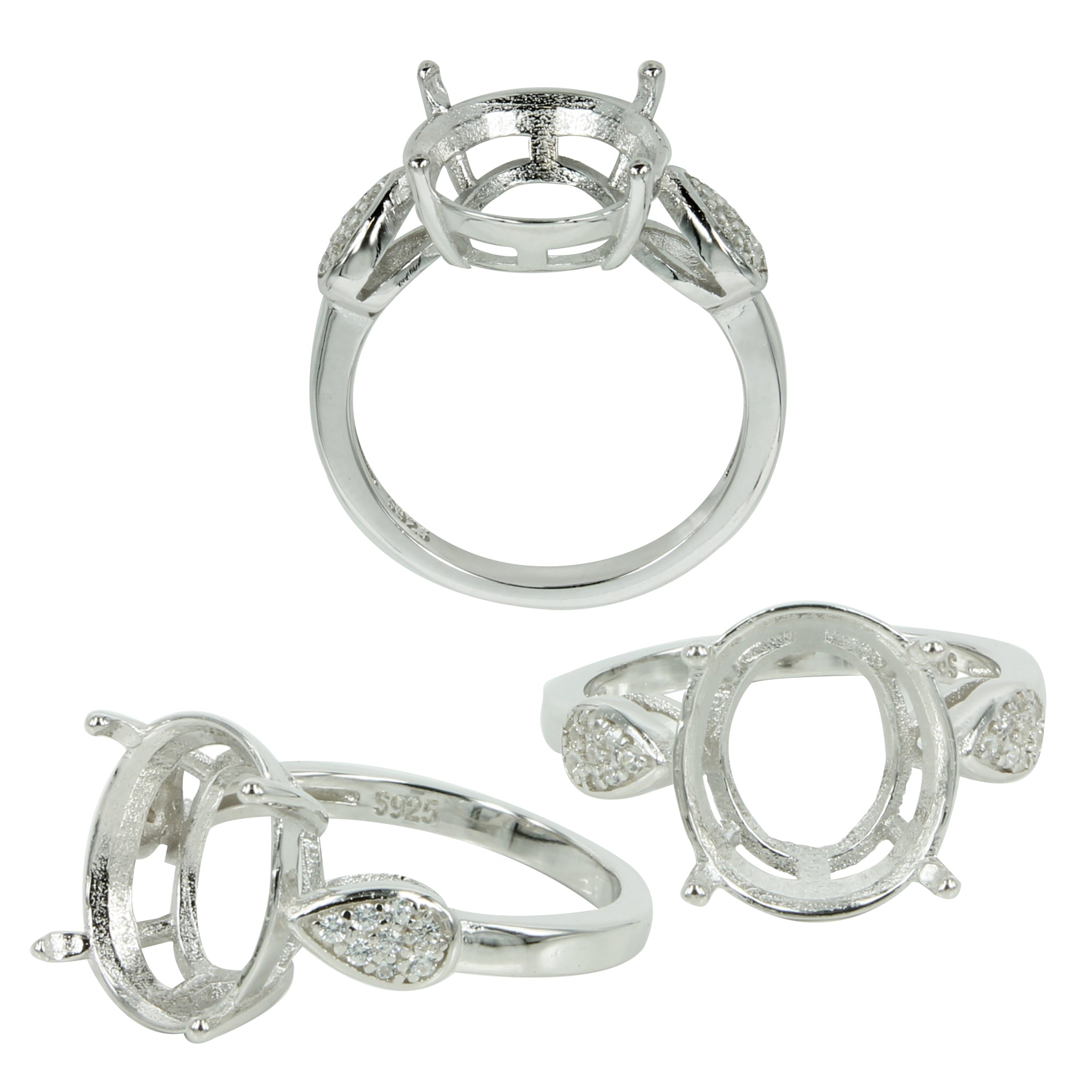 Pointy Leaf With CZ's Ring in Sterling Silver for 10x12mm Oval Stones