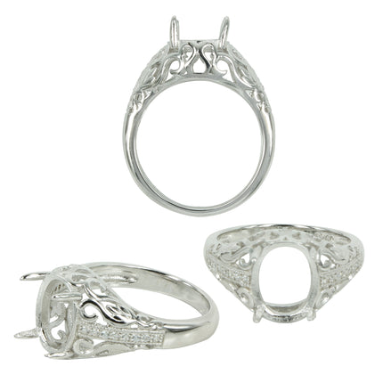 Filigree Gallery Ring in Sterling Silver for 8x10mm Oval Stones