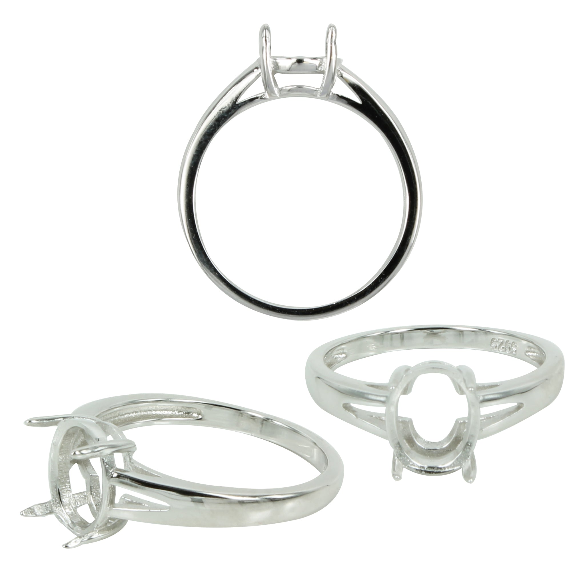 Classic Split Shank Ring Setting with Oval Prongs Mounting in Sterling Silver 7x9mm