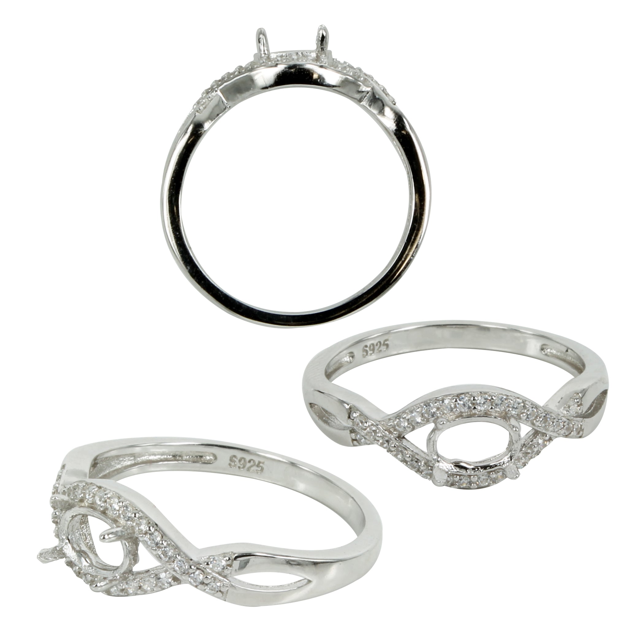 Intertwined CZ Split Shank Ring in Sterling Silver for 4x6mm Oval Stones