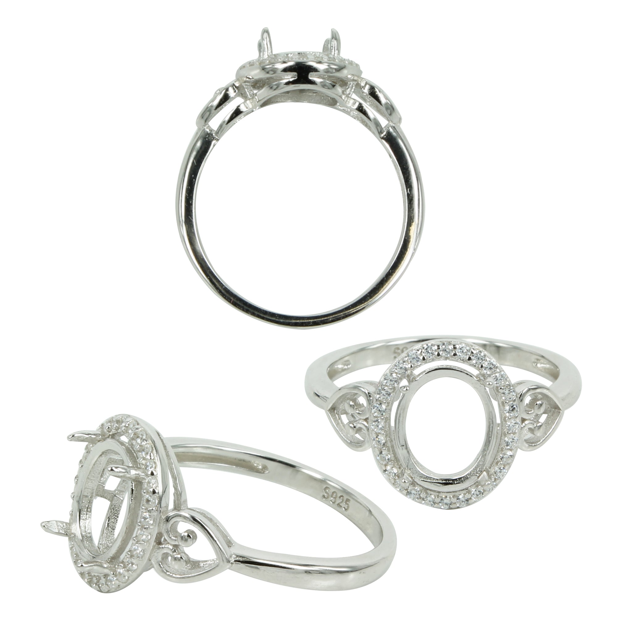 Halo Ring with Heart Shoulders in Sterling Silver for 7x9mm Oval Stones