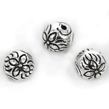 Flower Patterned Round Bead in Sterling Silver 10x10mm