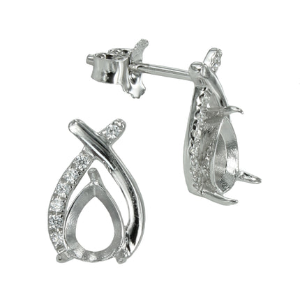 Teardrop & CZ Frame Stud Earrings in Sterling Silver for 5x7mm Pear Stones