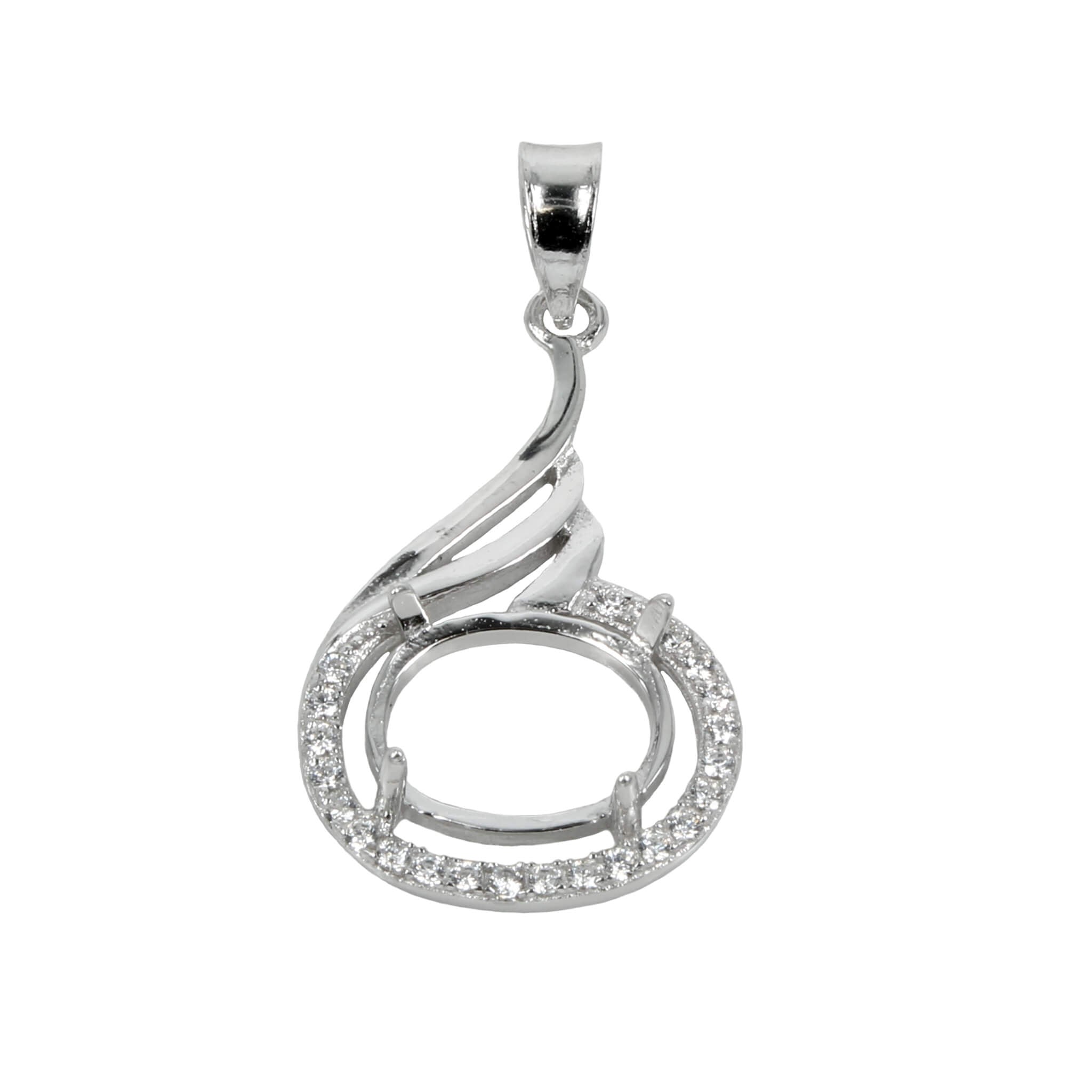 Plume Pendant with CZ's Horizontal Oval Mounting and Bail in Sterling Silver 8x10mm