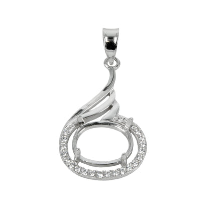 Plume Pendant with CZ's Horizontal Oval Mounting and Bail in Sterling Silver 8x10mm