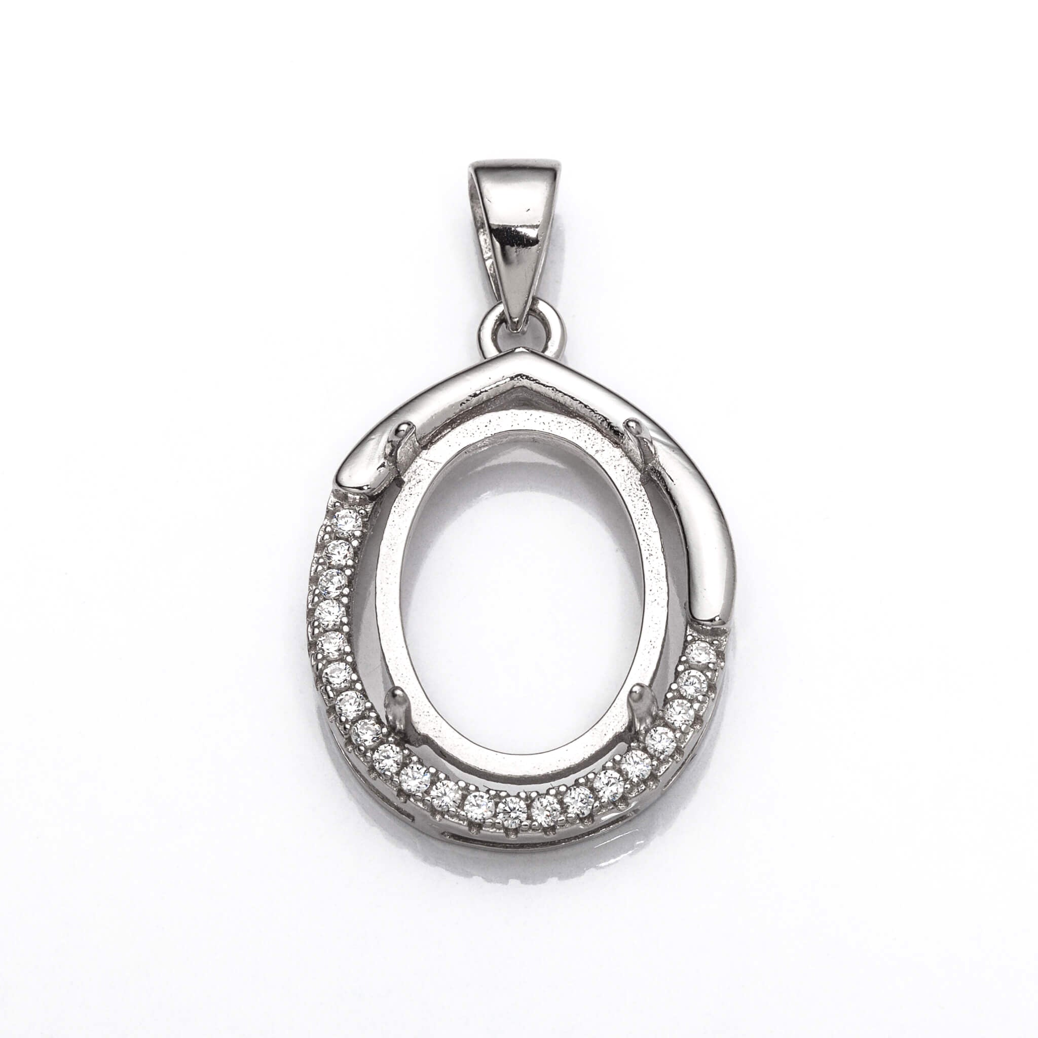 Oval Pendant Setting with CZ's and Oval Prongs Mounting including Bail in Sterling Silver 11x15mm