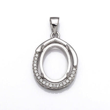 Oval Pendant Setting with CZ's and Oval Prongs Mounting including Bail in Sterling Silver 11x15mm